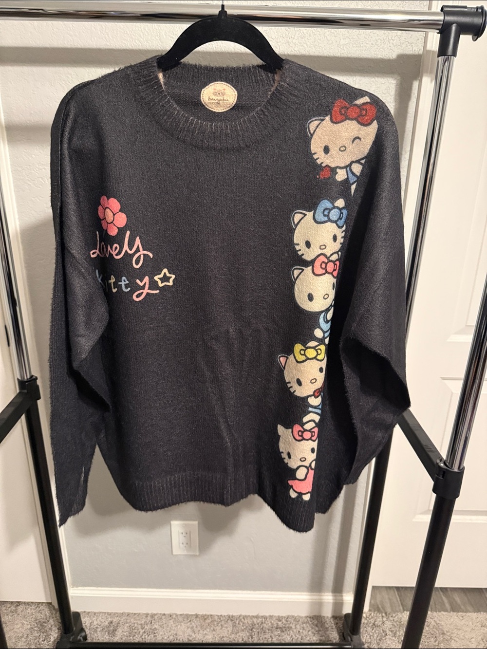 Hello Kitty Black Crewneck Sweater with Colorful Character Bows